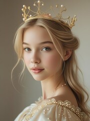 Cute gentle blonde girl in a golden crown, princess, queen, fashion art