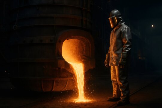 Steelworker in protective gear supervising pouring of molten metal from furnace in foundry at night