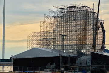 The Current Progress of Construction on a Modern Buildings Framework During Sunset Hours