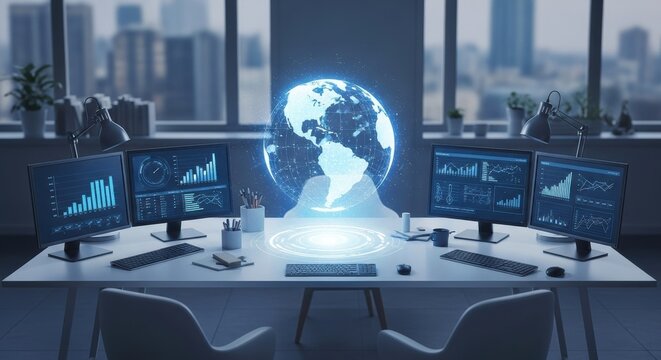Global Data Analysis Hub: Illuminated World on Desk