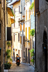 View of Gargnano signpost by Lake Garda, Italy; ideal for travel and destination visuals.