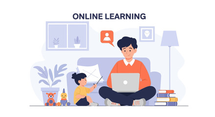 Fototapeta premium Engaging Home Education Scene Young Learner Interacting With Father On Video Conference
