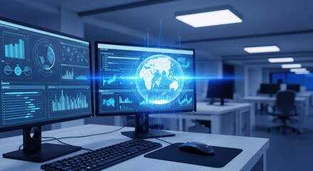 Naklejka premium Global Data Monitoring: Cybersecurity in a Modern Office