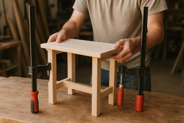 Carpenter assembling a small wooden table with clamps in a workshop, showcasing skillful craftsmanship and dedication to woodworking