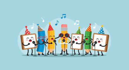 Fototapeta premium Cheerful Pencils And Erasers Sing Together In A Festive Party Setting