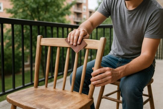 Carpenter sanding a vintage wooden chair on a balcony, meticulously restoring old furniture with care and precision