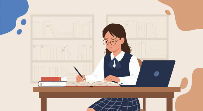 Focused Young Woman Studying At Desk With Books Laptop And Shelves Background