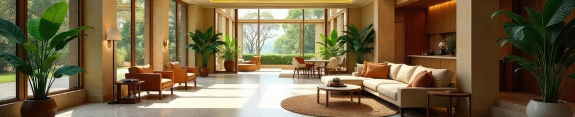 A warm, inviting hotel lobby with comfortable seating, lush plants, and natural light streaming through large windows, creating a serene and welcoming atmosphere for guests , greenery, hotel design