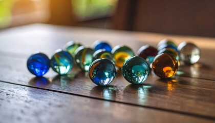 Colorful glass marbles on a wooden table