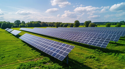 Solar panels in a green field under a bright sky, showcasing renewable energy and sustainable technology