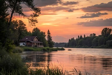 Obraz premium Serene Sunset over River, Cozy Cabin Retreat in the Woods, Peaceful Nature Scene