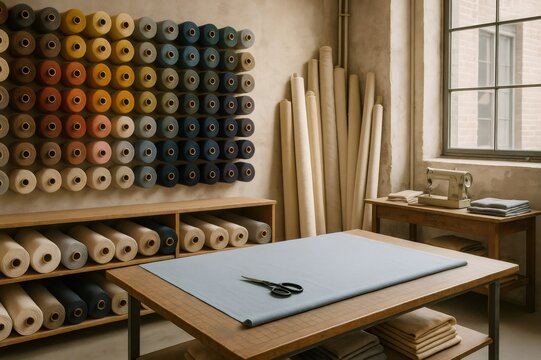 Colorful thread spools arranged on a wall, fabric rolls, a cutting table with scissors, and a sewing machine create a cozy textile studio ambiance