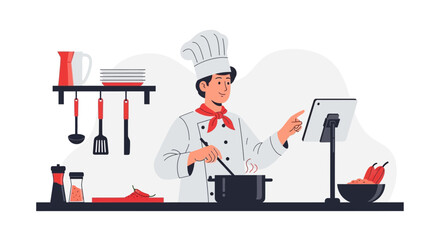 Fototapeta premium Chef Preparing Recipe While Consulting A Digital Tablet In The Kitchen