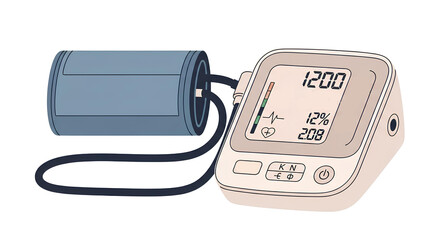 Digital blood pressure monitor showing readings and pulse on a white background, essential for health management and home medical checkups.