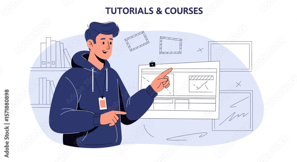 Poster engaging online tutorials and courses presentation with confident instructor