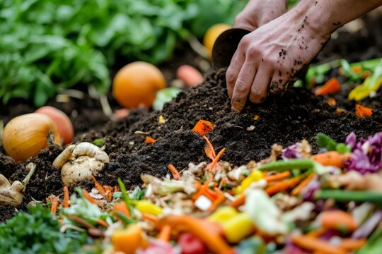 Gardener enriching soil with compost made from vegetable scraps, promoting sustainable agriculture and soil health