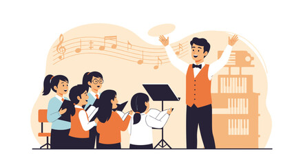 Choir Practice With A Conductor Directing The Group In Harmony And Musicality