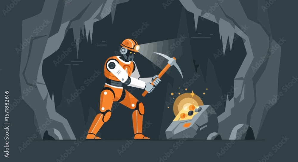 Poster futuristic mining operations robot extracting precious metals in underground cave