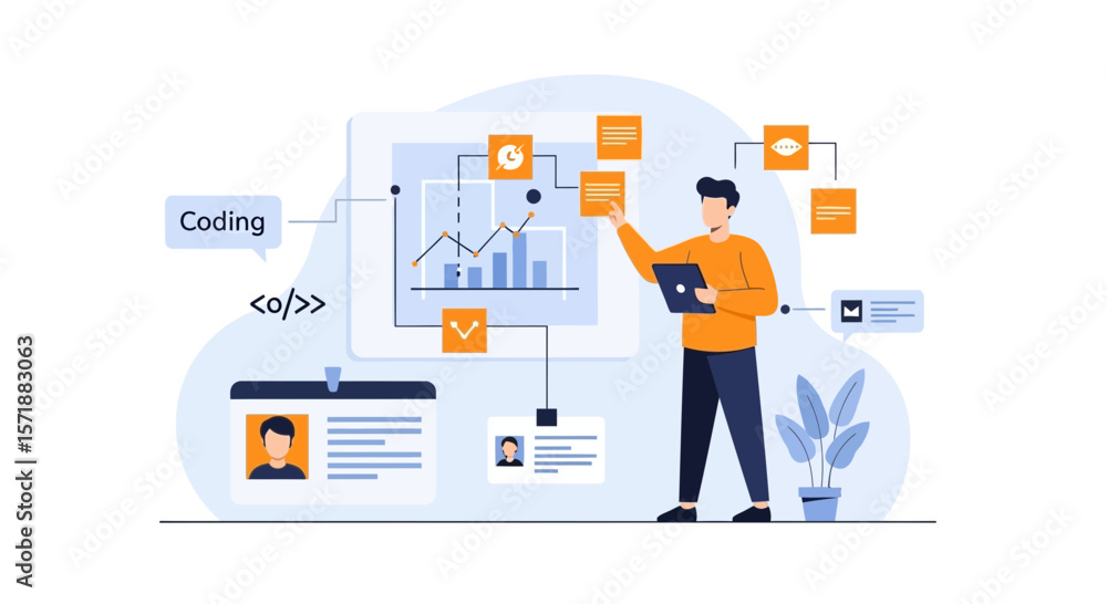 Poster data analysis for software engineer analyzing graph with tablet and identification