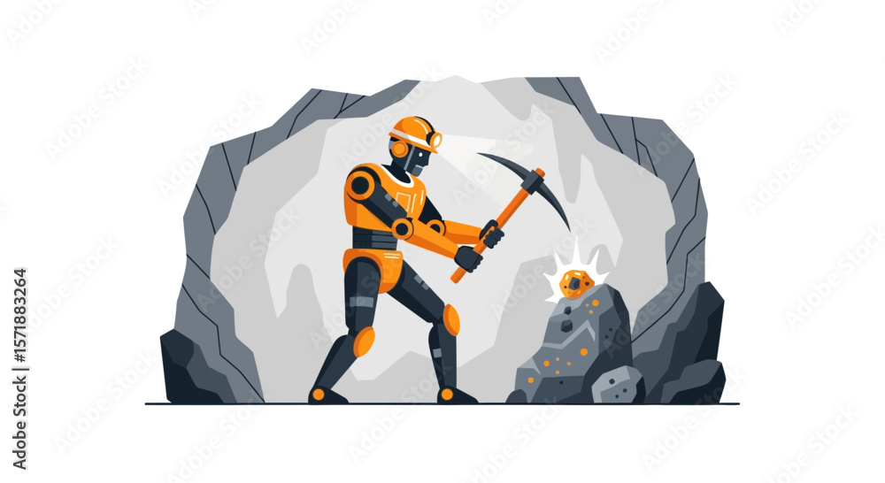 Poster futuristic robot mining cryptocurrency deep inside a cave with a pickaxe