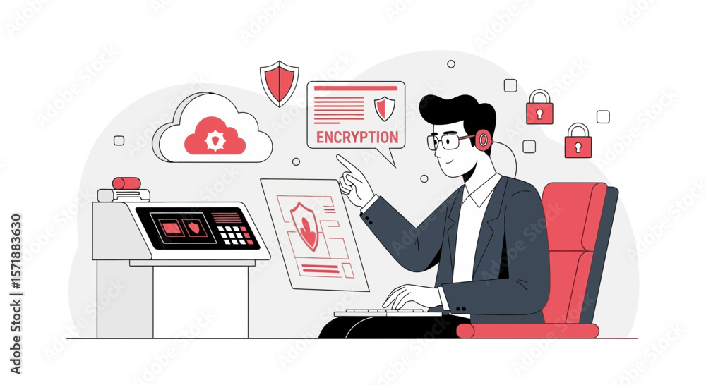 Aufkleber data protection specialist working on encryption and cyber security system