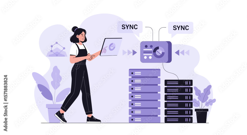 Poster data synchronization process with woman managing server network with laptop