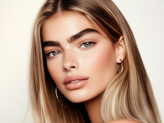 Fototapeta premium Beautiful young woman with long blond hair and freckles showing perfect skin