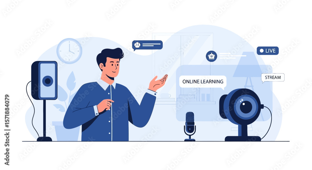 Poster engaging virtual class presentation with live streaming video and interactive online learning