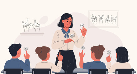 Deaf Education Interpreting Sign Language To Students In Classroom Environment