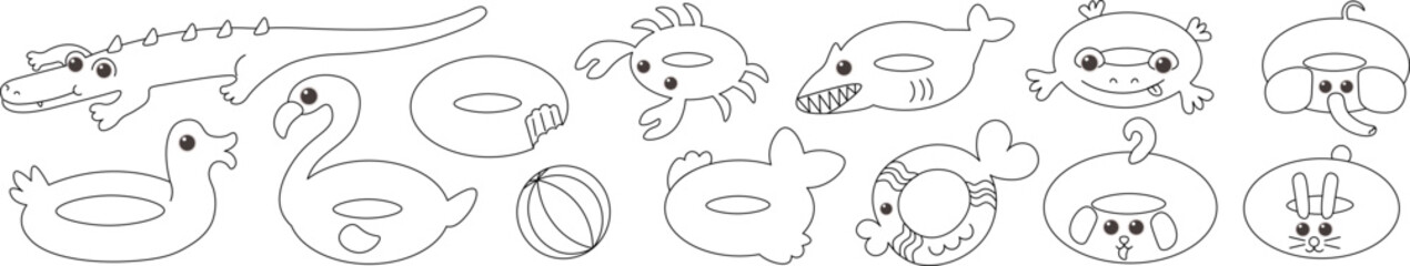 inflatable ring's set in linear doodle style. elements for mascot decor postcard design print sticker poster background