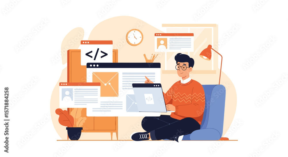 Poster dedicated coder engaged in programming and website design at home office