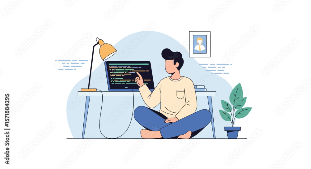 Poster dedicated coder working from home with laptop on desk with lamp