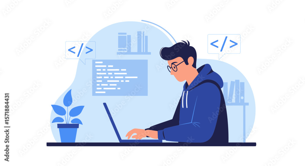 Poster dedicated coder working on laptop developing software at home or workplace