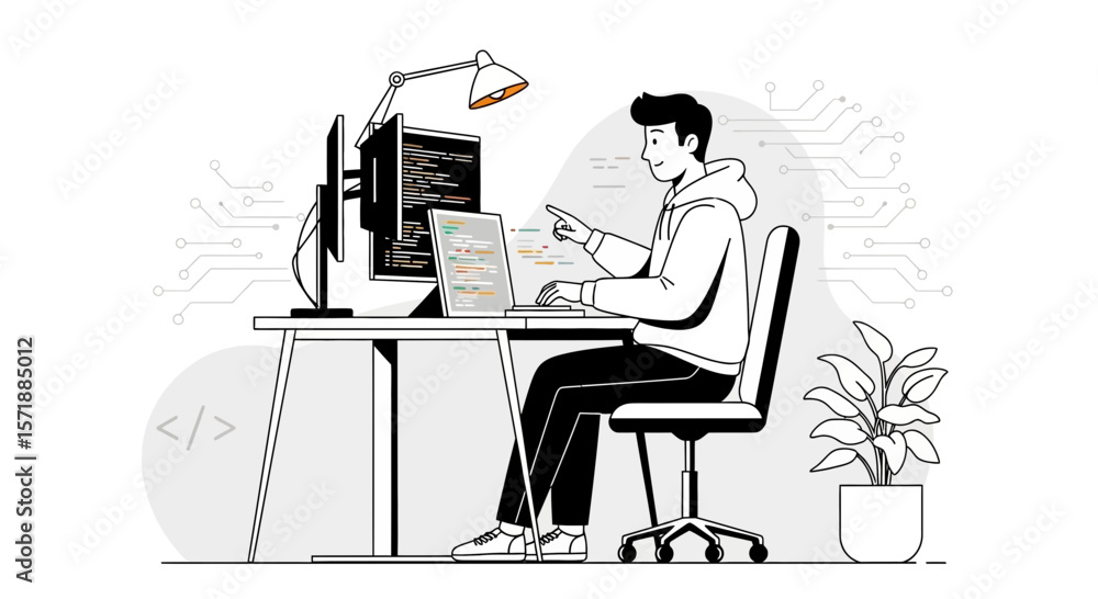 Poster dedicated programmer working with code at a desk with lamp and plant illustration