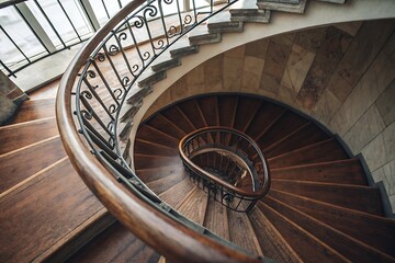 Elegant Spiral Staircase with Wooden Steps and Ornate Metal Railing in a Luxurious Building