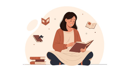Girl Reading Book with Floating Literature for Education and Relaxation Theme