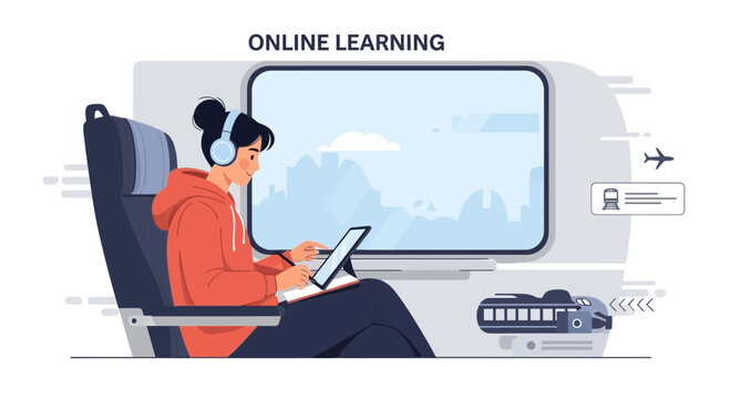 Girl Studying On Train With Headphones Using Tablet For Online Learning