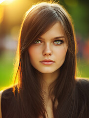 Fototapeta premium Young woman with long brown hair posing in golden sunlight outdoors