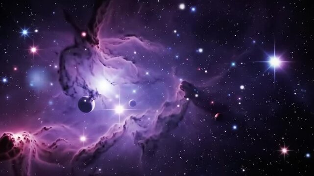 Ethereal purple nebula shines softly, cosmic clouds revealing hidden birthplaces of stars
