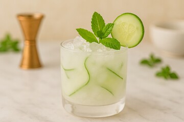  A Coconut Cucumber Cooler in a short glass with crushed ice, cucumber ribbons, and mint. The drink is milky white and elegantly styled on a marble surface with soft natural light