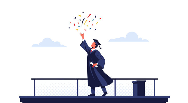 Graduate Celebrating Academic Success With Confetti Shower On Graduation Day