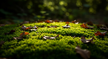 Sunkissed moss carpet adorned with fallen leaves