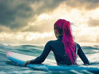 Surfer girl with pink hair waiting for the waves at sunset