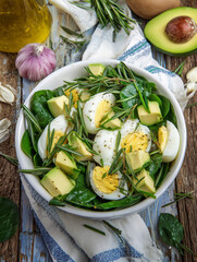 Healthy spinach salad with avocado, eggs, and rosemary on rustic wooden table