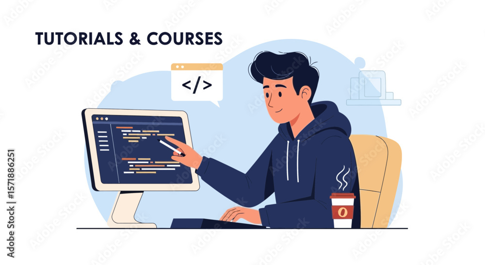 Poster developer focused on coding while enjoying coffee at computer desk learning online