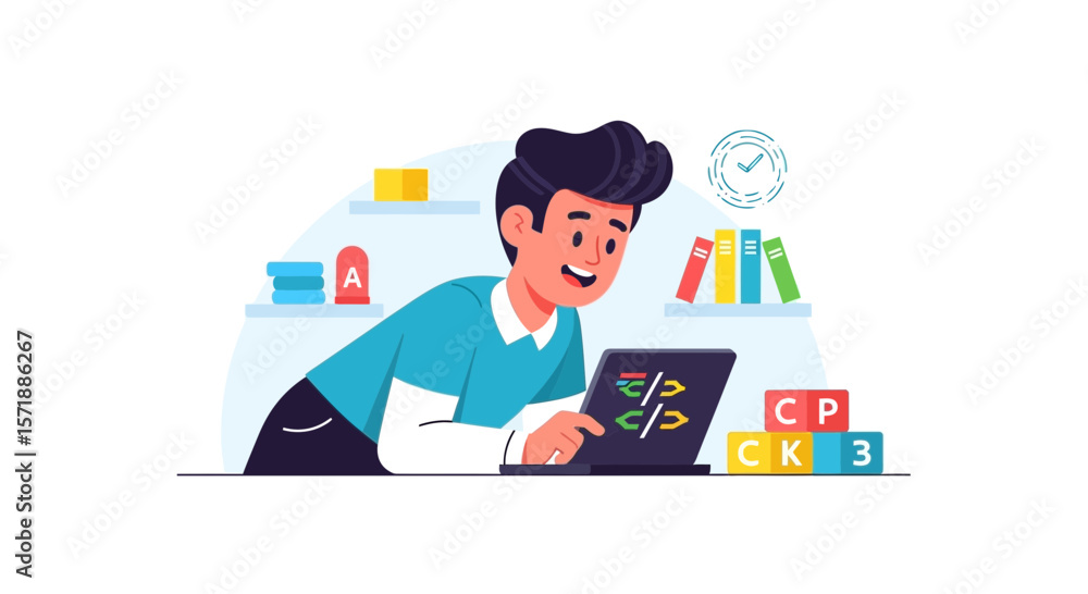Aufkleber enthusiastic coder working on laptop at home surrounded with childhood toys