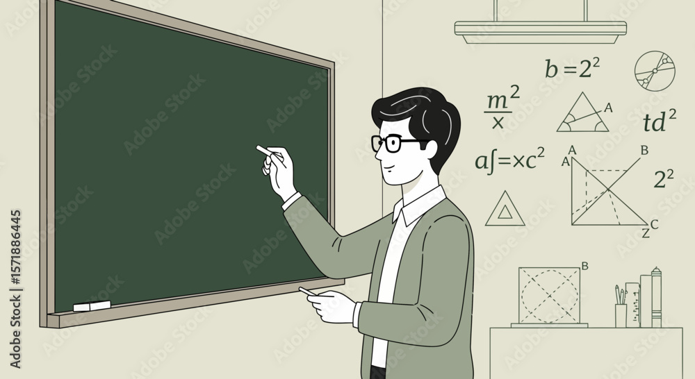 Poster enthusiastic professor teaching math concepts on chalkboard in classroom setting