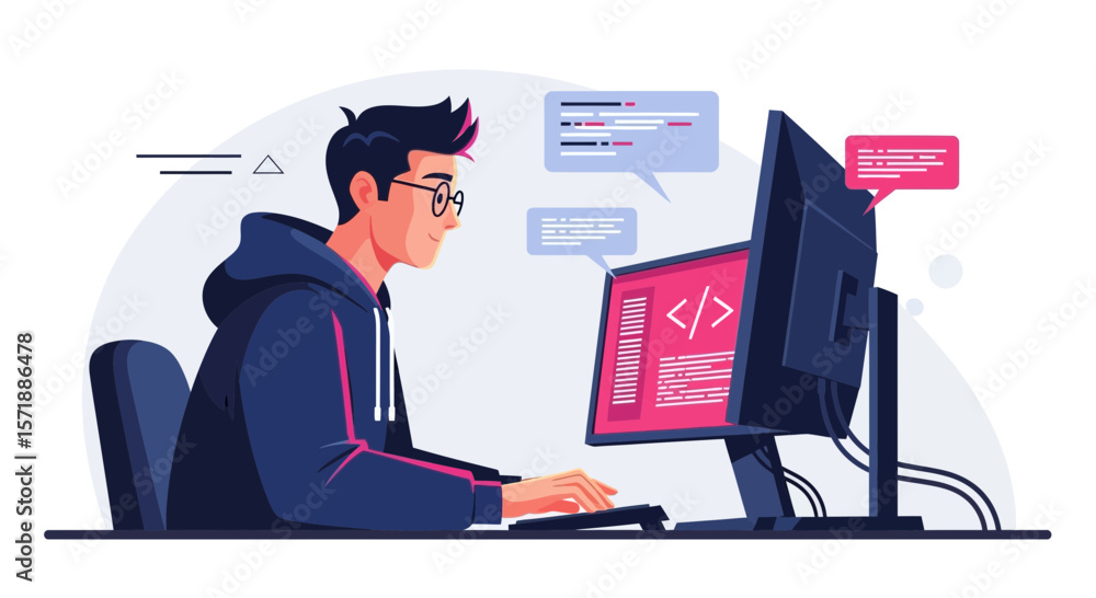 Poster developer working on computer at desk writing code for new application