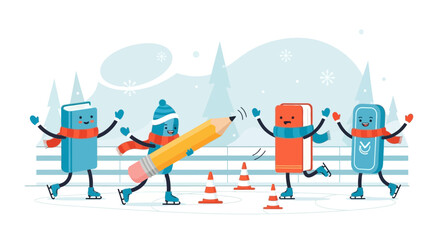 Obraz premium Books And Pencil Winter Fun: Ice Skating Adventures With Educational Characters