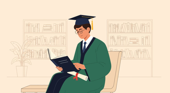 Graduate In Academic Gown Reads Textbook In Front Of A Bookshelf